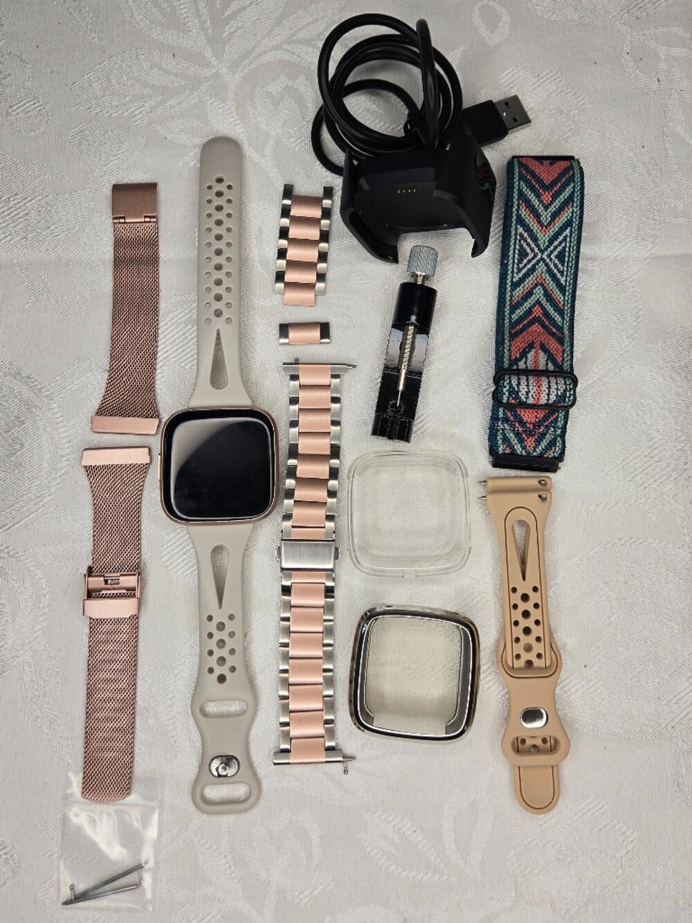 Rose Gold Fitbit Versa2 with 5 Bands, Charger, 2 Screen Protectors